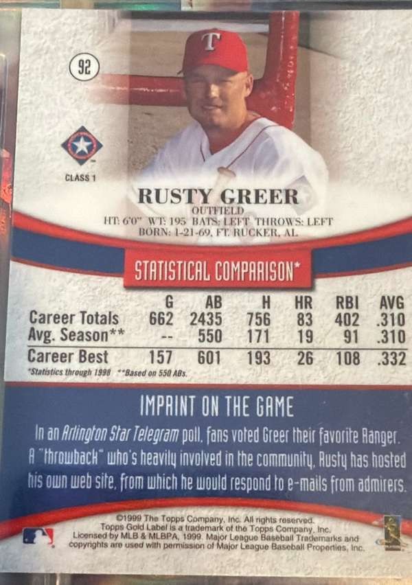 1999 Topps Gold Label #92 Rusty Greer Near Mint