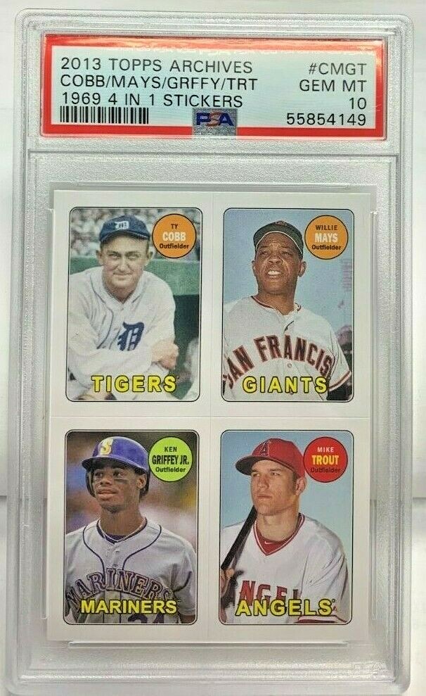 Mike Trout/Ken Griffey Jr/Cobb/Mays 2013 Topps Archives 1969 4in1 Sticker PSA 10