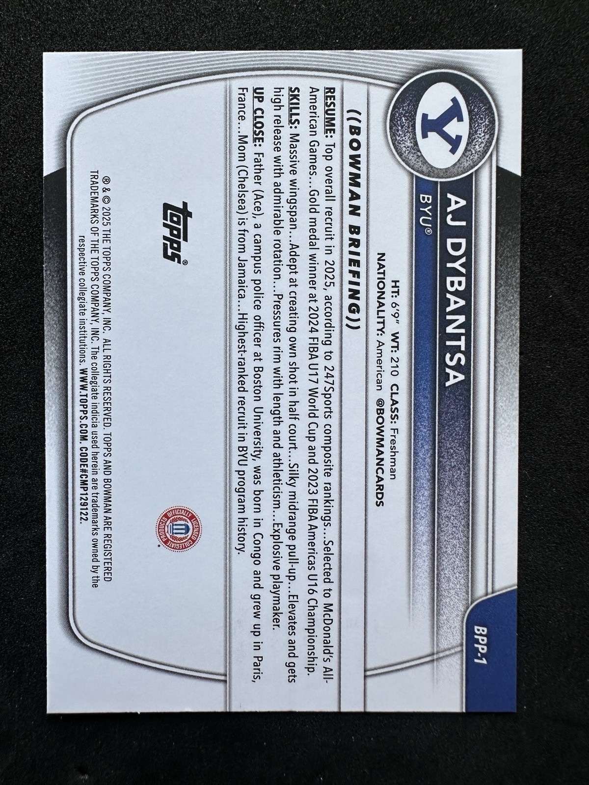 2025-26 Bowman AJ Dybantsa 1st Paper Prospect Rookie RC BYU NBA Draft BPP-1