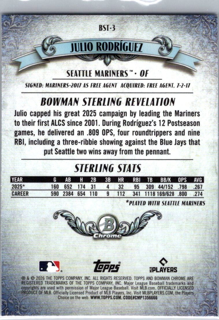 2026 Bowman Sterling Julio Rodriguez #BST-3 Mojo Refractor