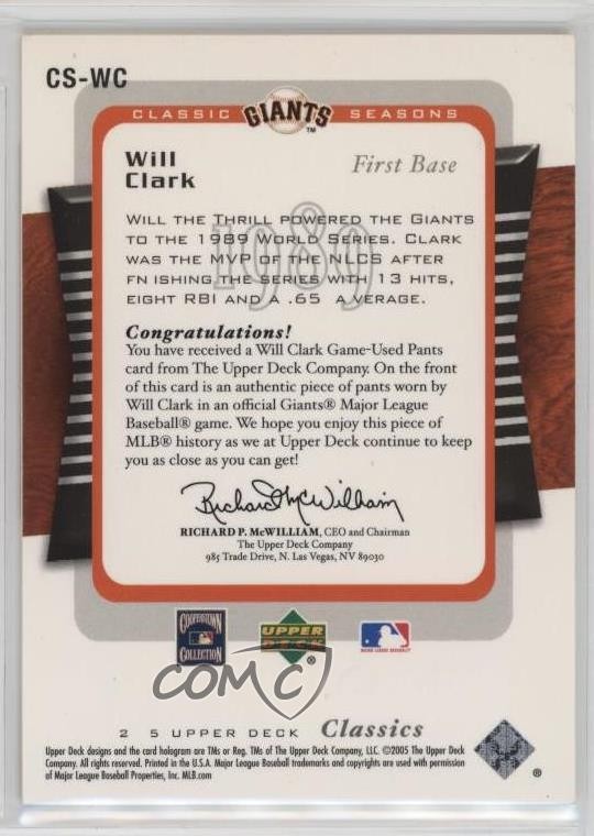 2005 Upper Deck Classics Classic Seasons Materials Will Clark #CS-WC mx0