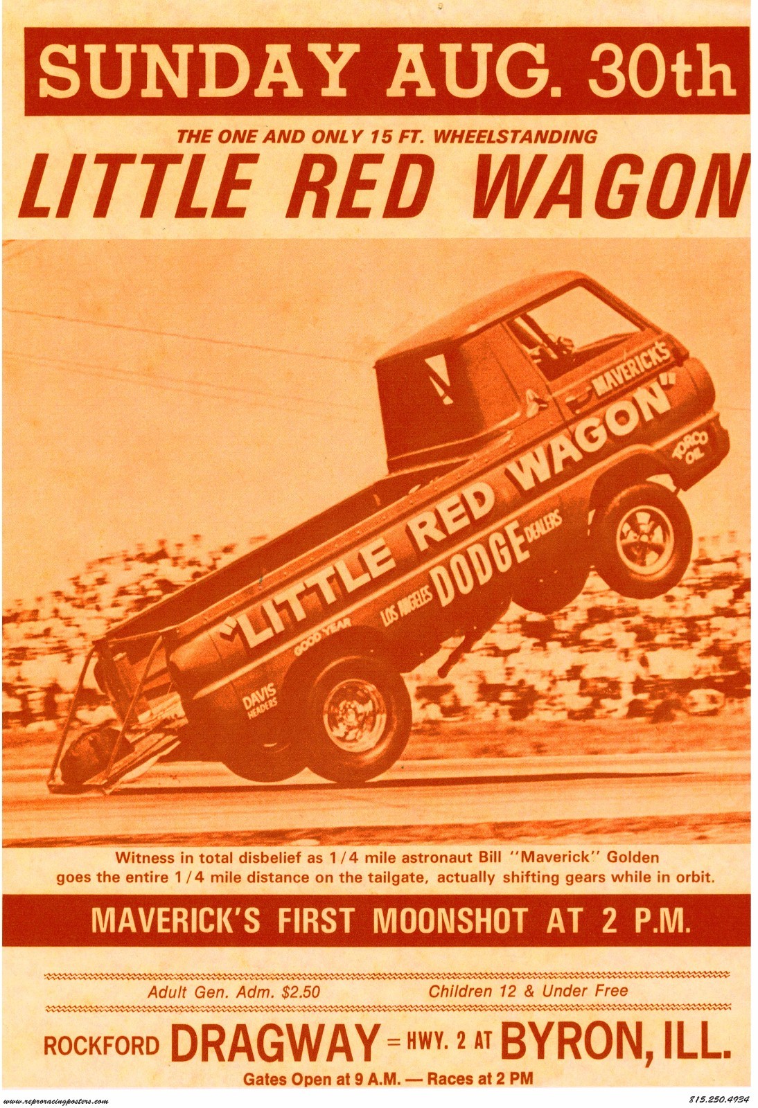 VINTAGE REPRODUCTION RACING POSTER BYRON ROCKFORD DRAGWAY LITTLE RED WAGON