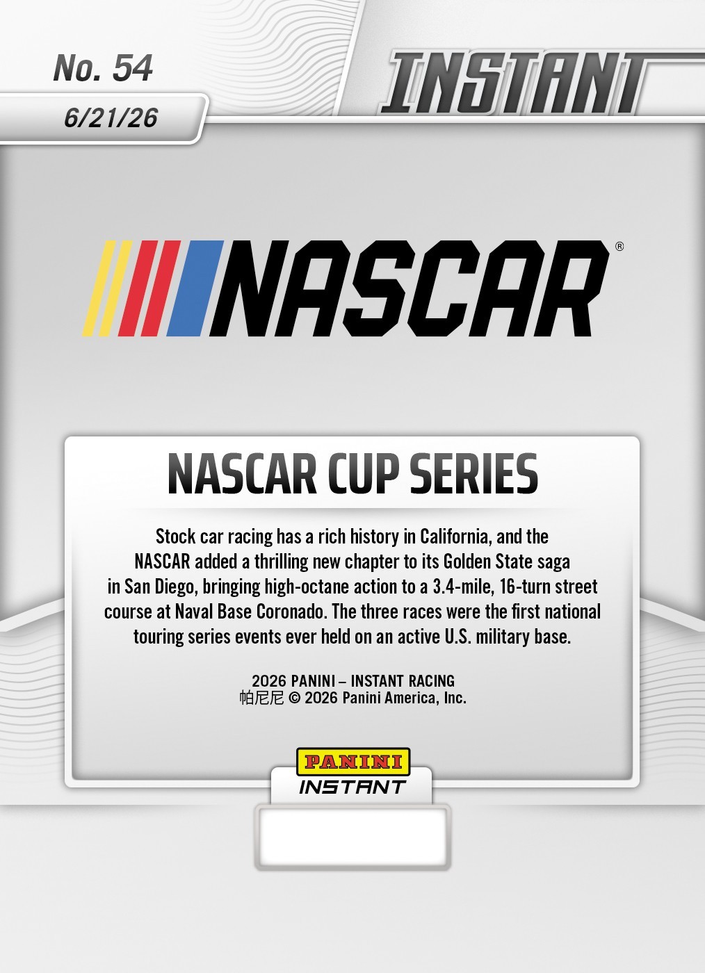 2026 Panini Instant NASCAR #54 NASCAR Cup Series PRESALE