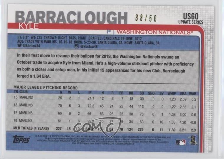 2019 Topps Update Mother’s Day Pink 38/50 Kyle Barraclough #US60 0c2