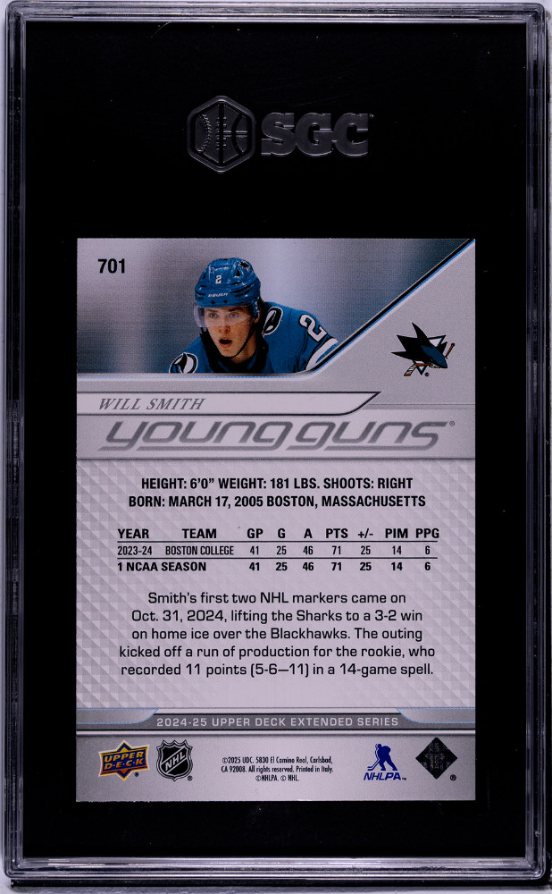 2024-25 Upper Deck Extended Series – Young Guns Will Smith #701 (RC) SGC 10 GM