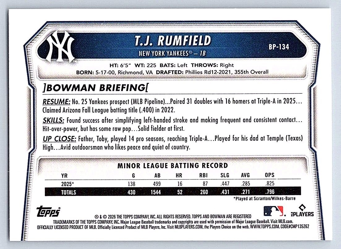 T.J. TJ RUMFIELD YANKEES RC 1st card 2026 BOWMAN PROSPECTS #BP-134