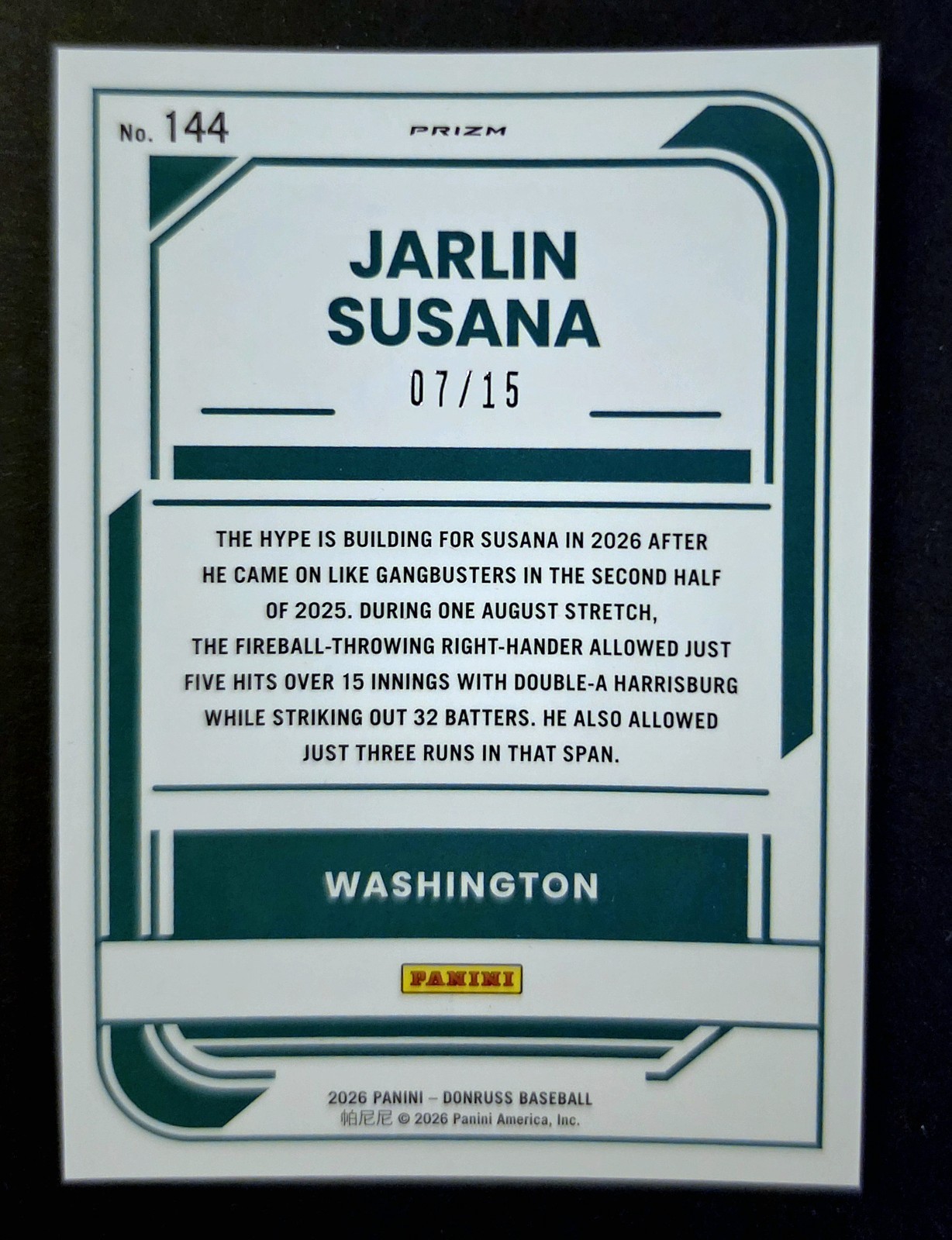 2026 Donruss Optic Jarlin Susana Rated Prospect Blue Mojo Prizm #144 Serial…