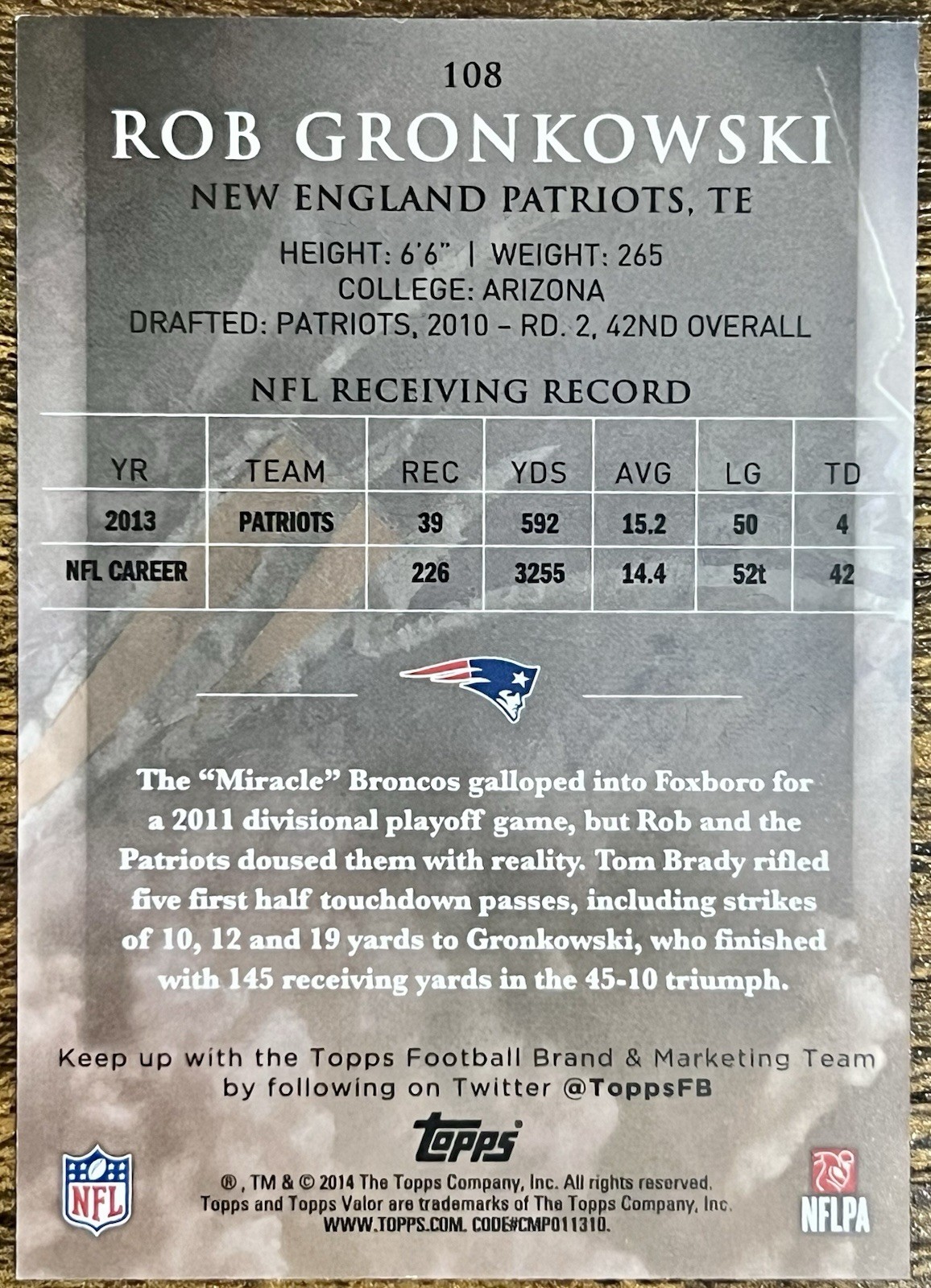 Rob Gronkowski 23/499 Strength 2014 Topps Valor #108 New England Patriots