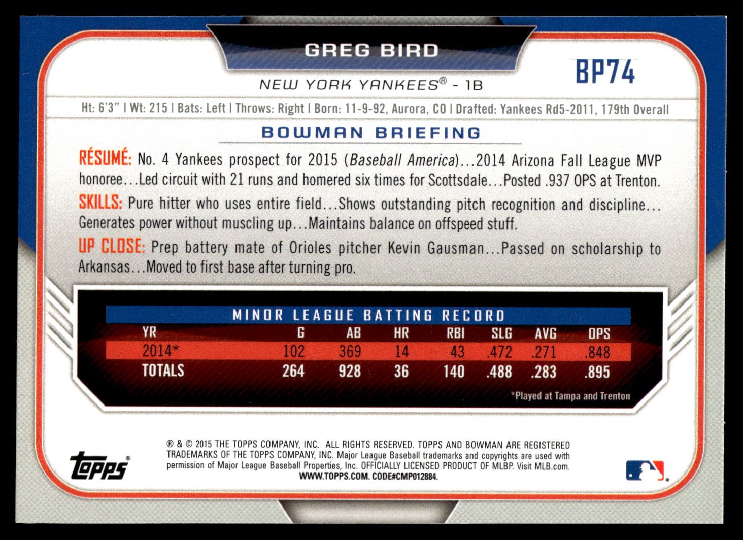 2015 Bowman Prospects Yellow #BP74 Greg Bird