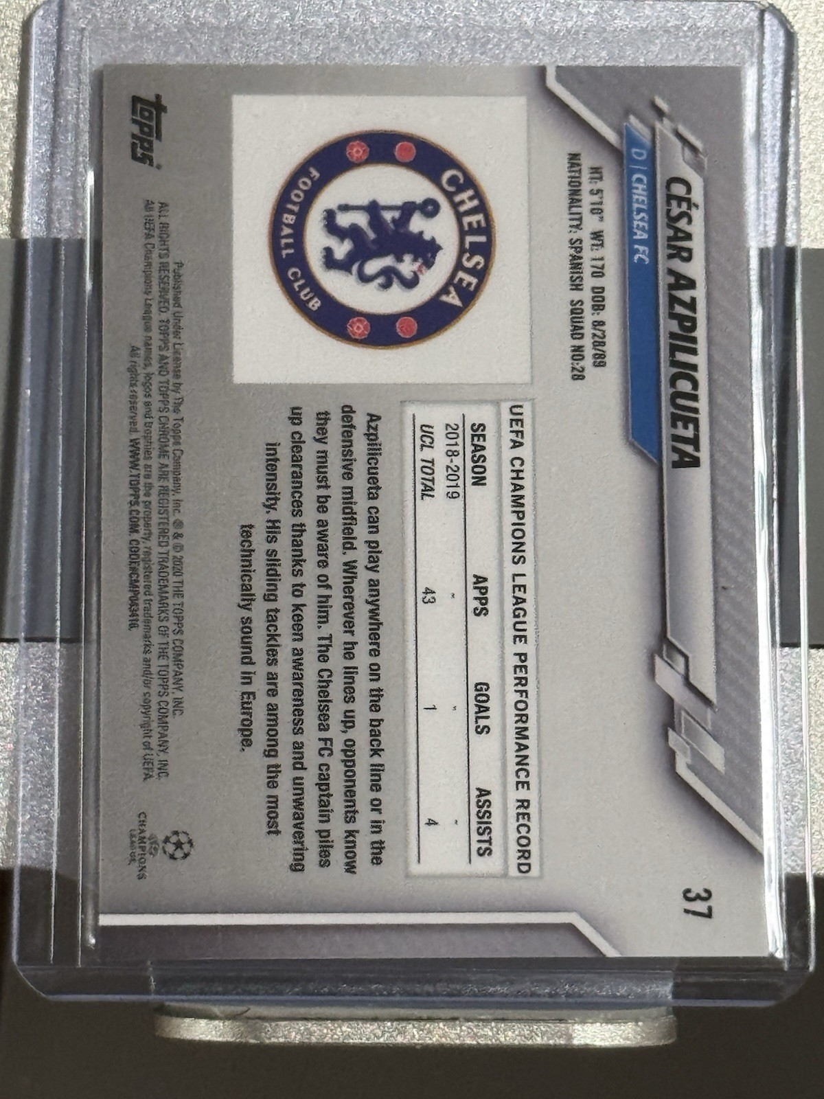 César Azpilicueta 2019-20 Topps Chrome Blue Refractor Chelsea (AAM)