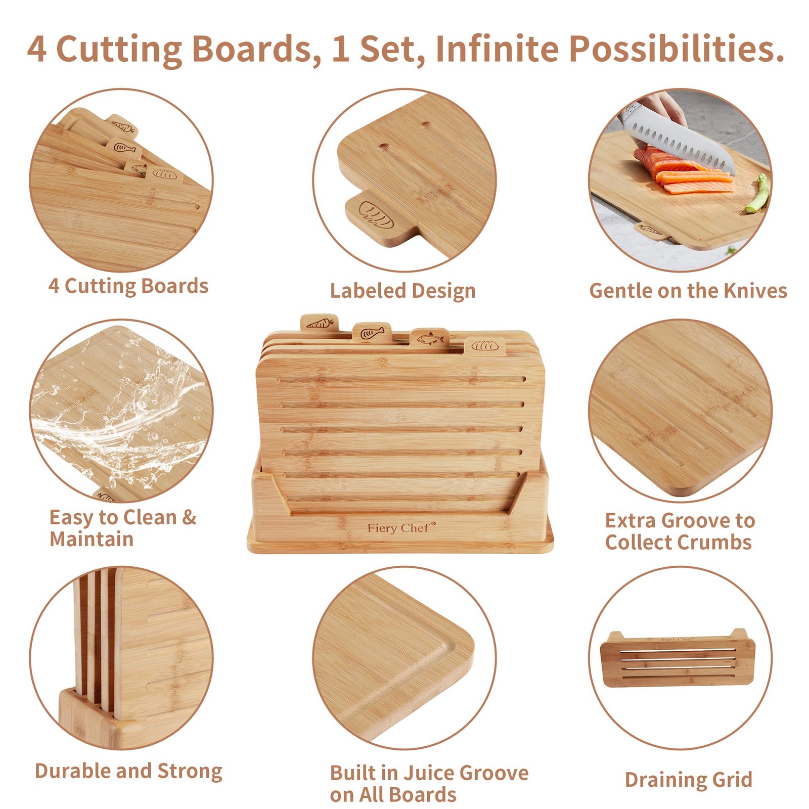 Fiery Chef 12.6″L x 9″W Bamboo Cutting Board Set Medium x 9″W,