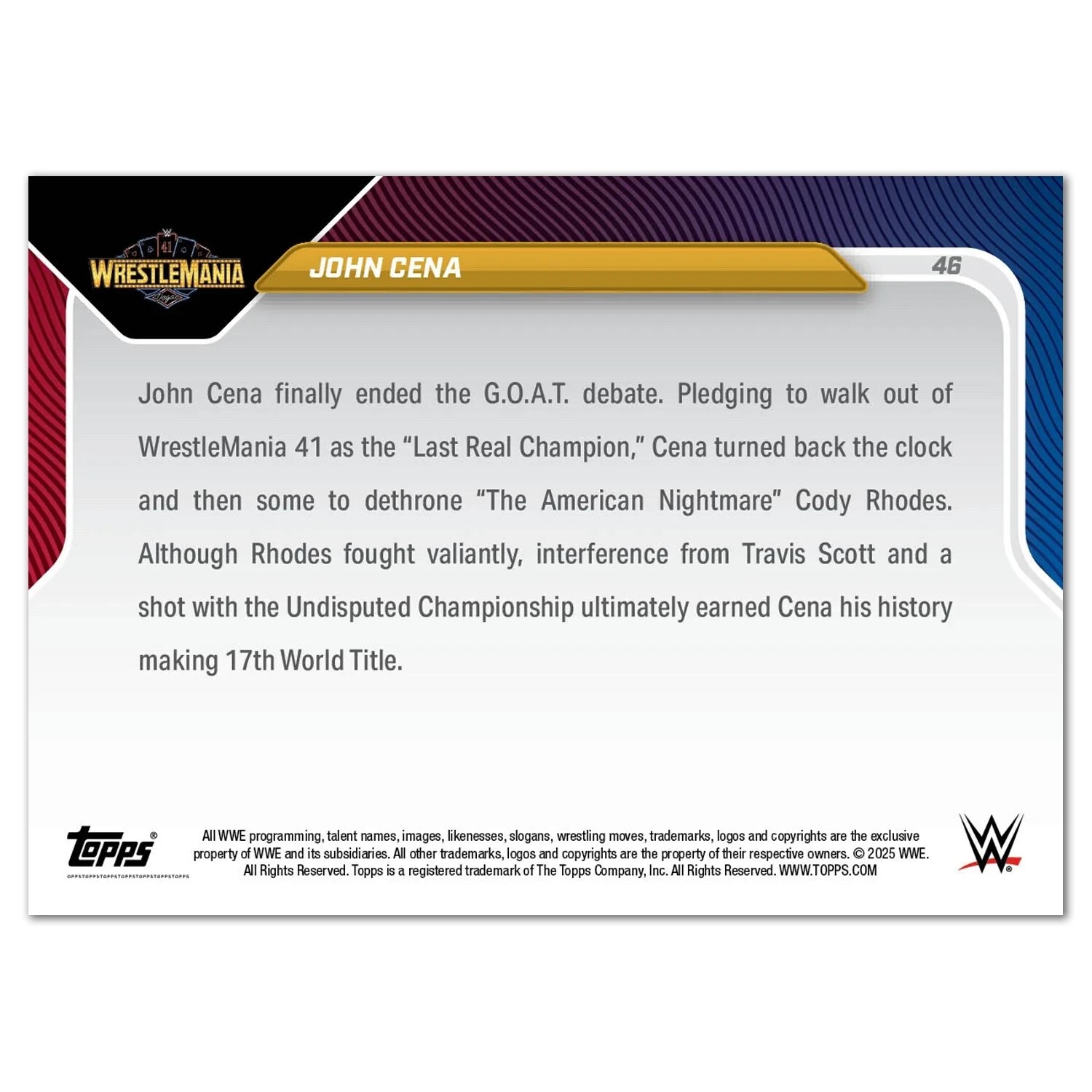 2025 Topps Now WWE John Cena #46 History Made 17th World Title – QTY