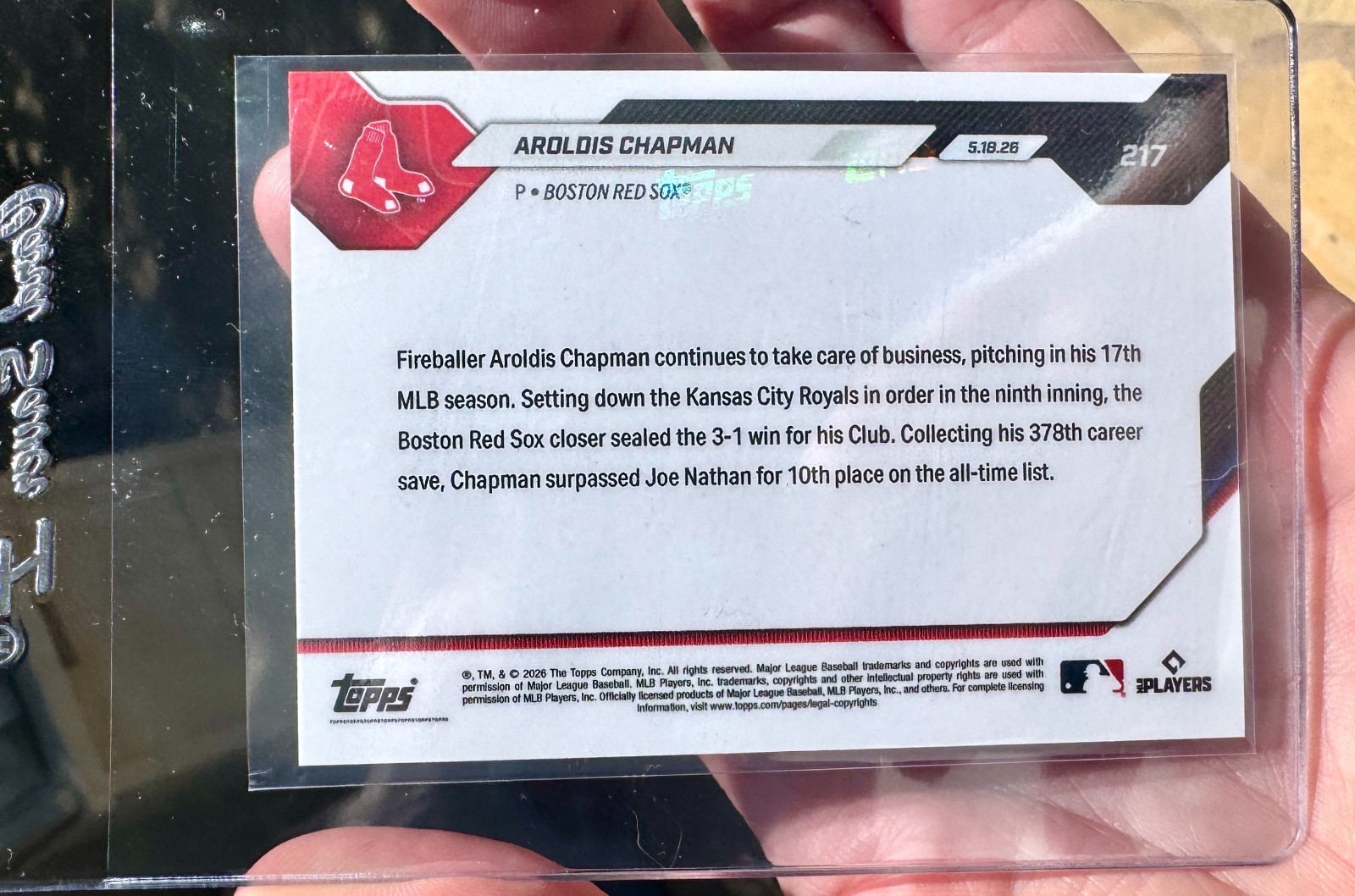 AROLDIS CHAPMAN 2026 topps now CARD #217 “10TH ALL TIME SAVE LIST” red soxINHAND