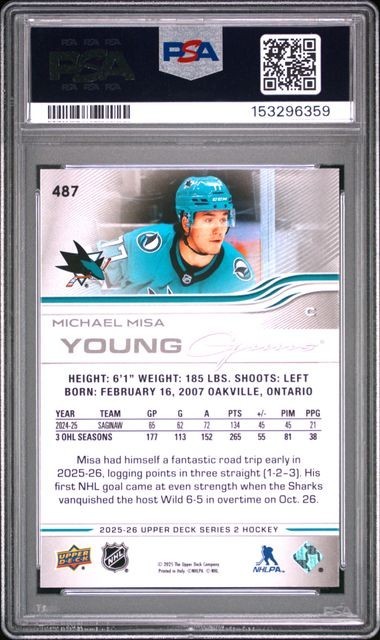 2025 Upper Deck Series 2 #487 Michael Misa Young Guns PSA 9 Sharks Fire Sale!