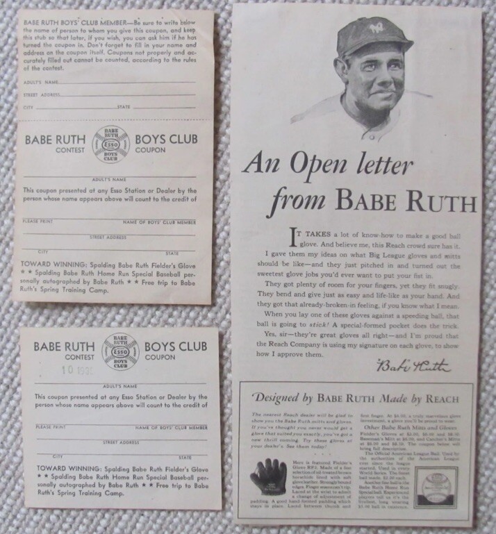 1934 Esso Oil Babe Ruth Boys Club Contest Coupon + Reach Glove Advertisement