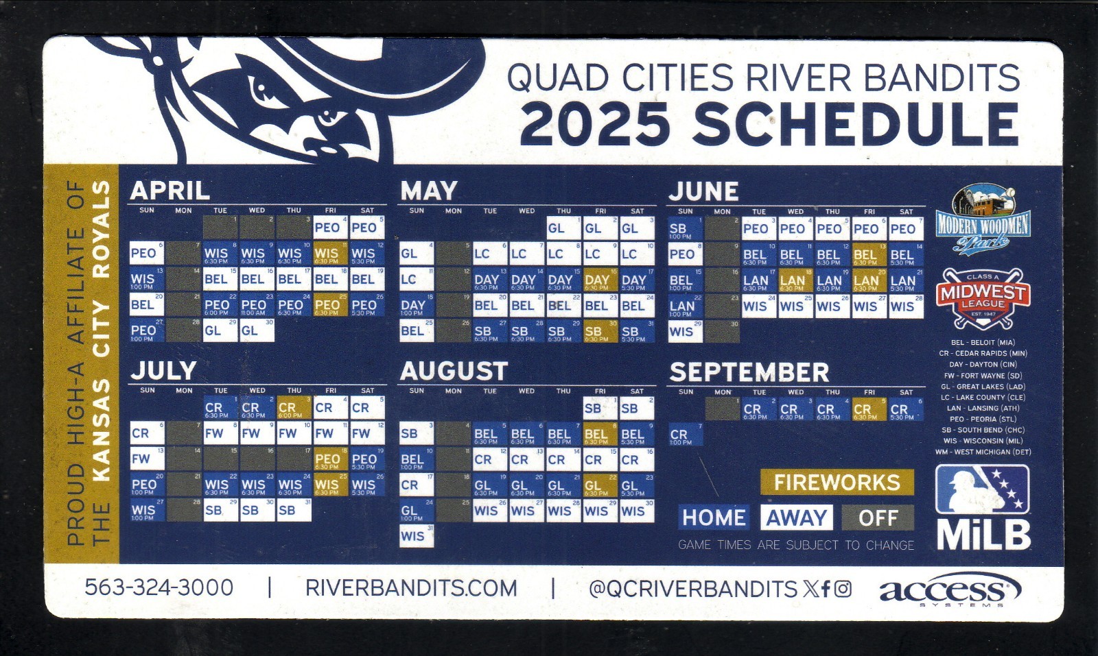 2025 Quad Cities River Bandits Magnet Schedule Access Systems Royals Affiliate
