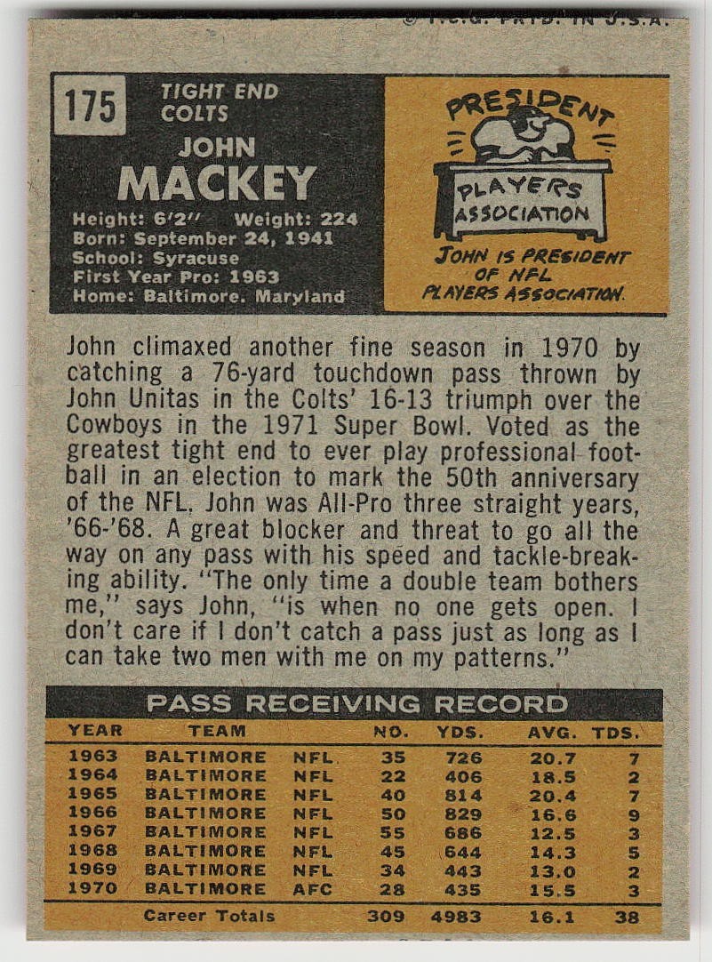 1971 Topps #175 John Mackey FOOTBALL Baltimore Colts
