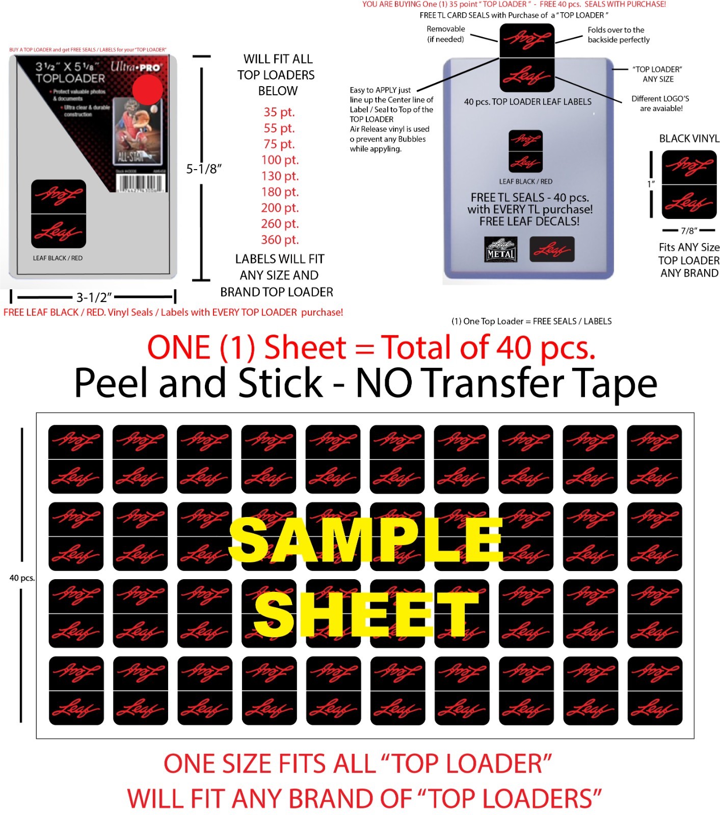 TOP LOADER STICKERS FREE LEAF BLACK / RED LABELS LEAF SPORTS CARDS LABELS SEAL