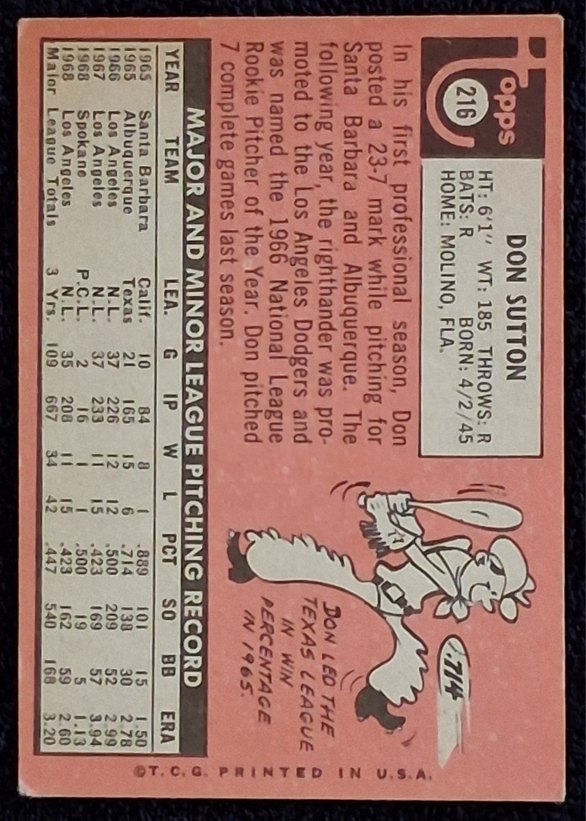 Topps 1969 DON SUTTON #216 Vintage Los Angeles Dodgers Baseball Card EX/NM