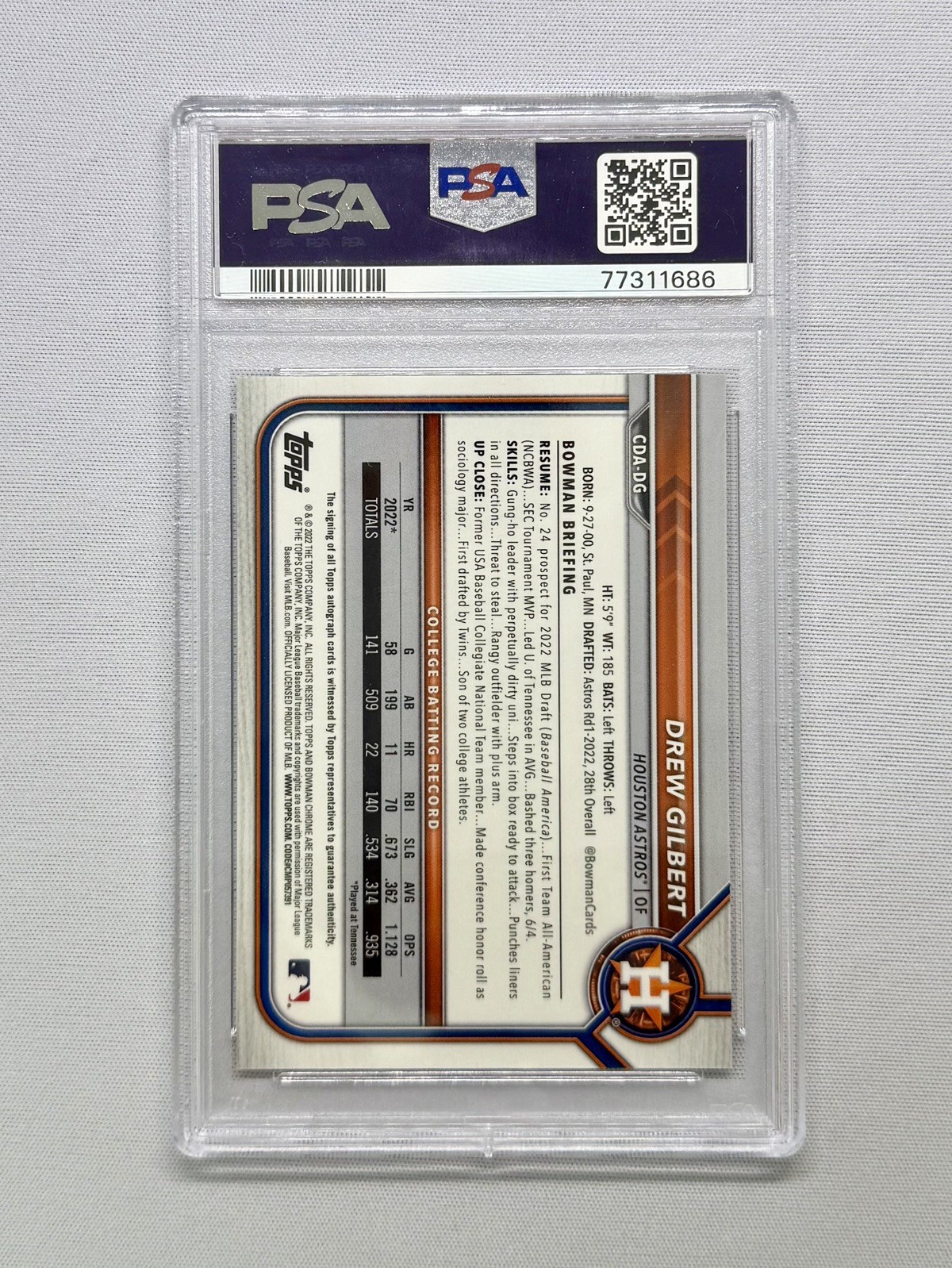 2022 BOWMAN DRAFT CHROME AUTO SPARKLE REFRACTOR DREW GILBERT RC #/71 PSA 10