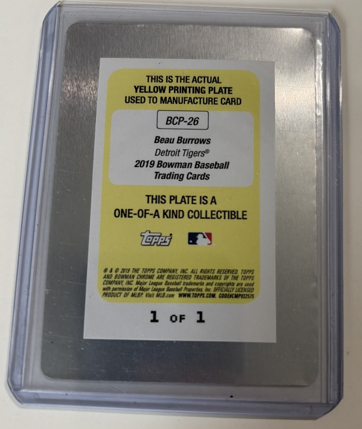 2019 Bowman Chrome Prospects Beau Burrows Printing Plate 1 Of 1 Yellow BCP-26