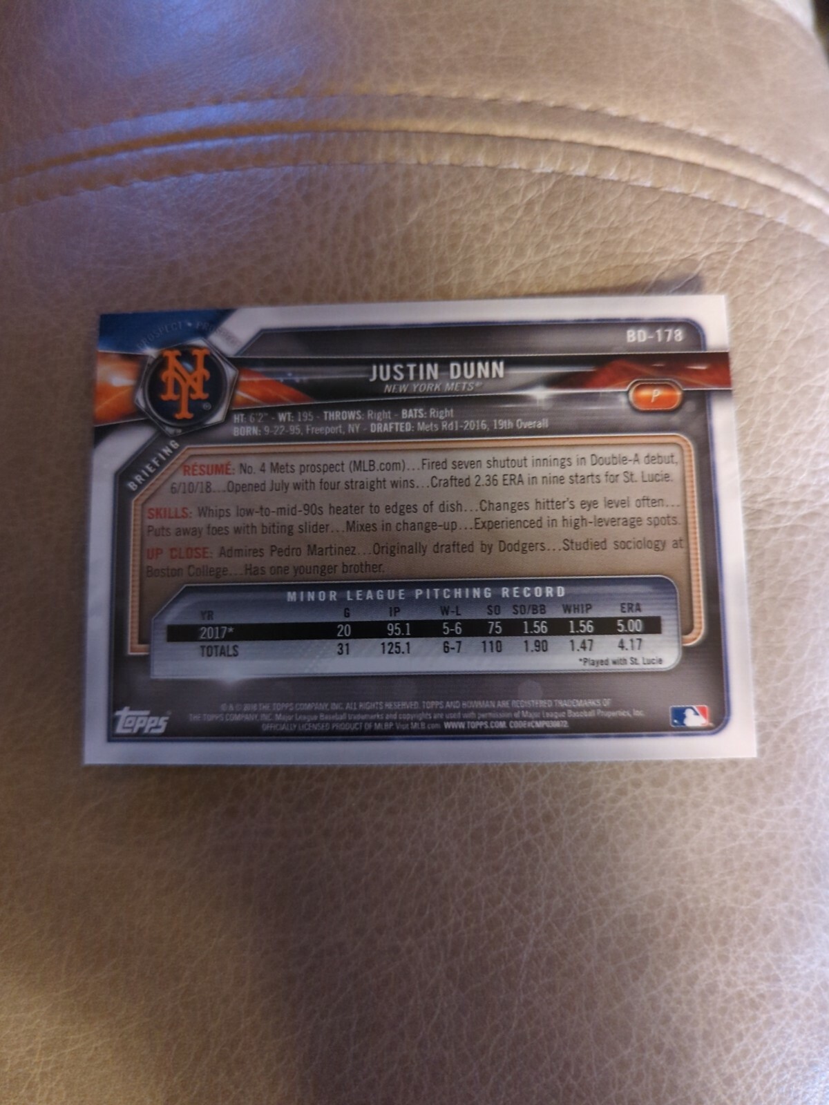2018 Bowman Draft #BD-178 Justin Dunn NM-MT