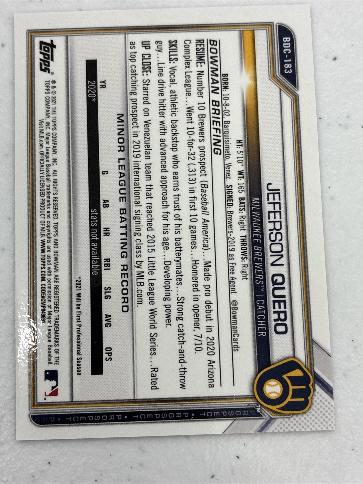 2021 Bowman Chrome Draft Jeferson Quero Orange /25 BREWERS