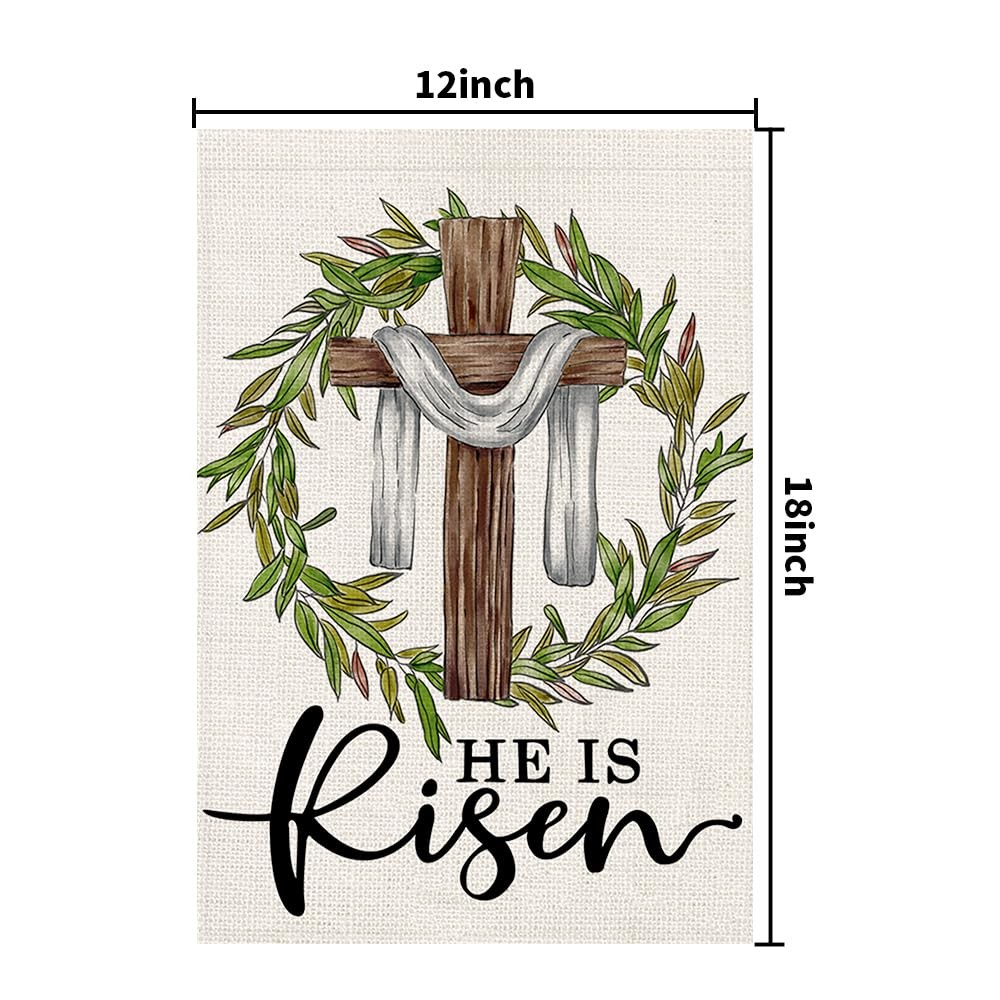 He Is Risen Easter Garden Flag 12×18 Inch Double Sided Burlap, Cross Wreath Sign