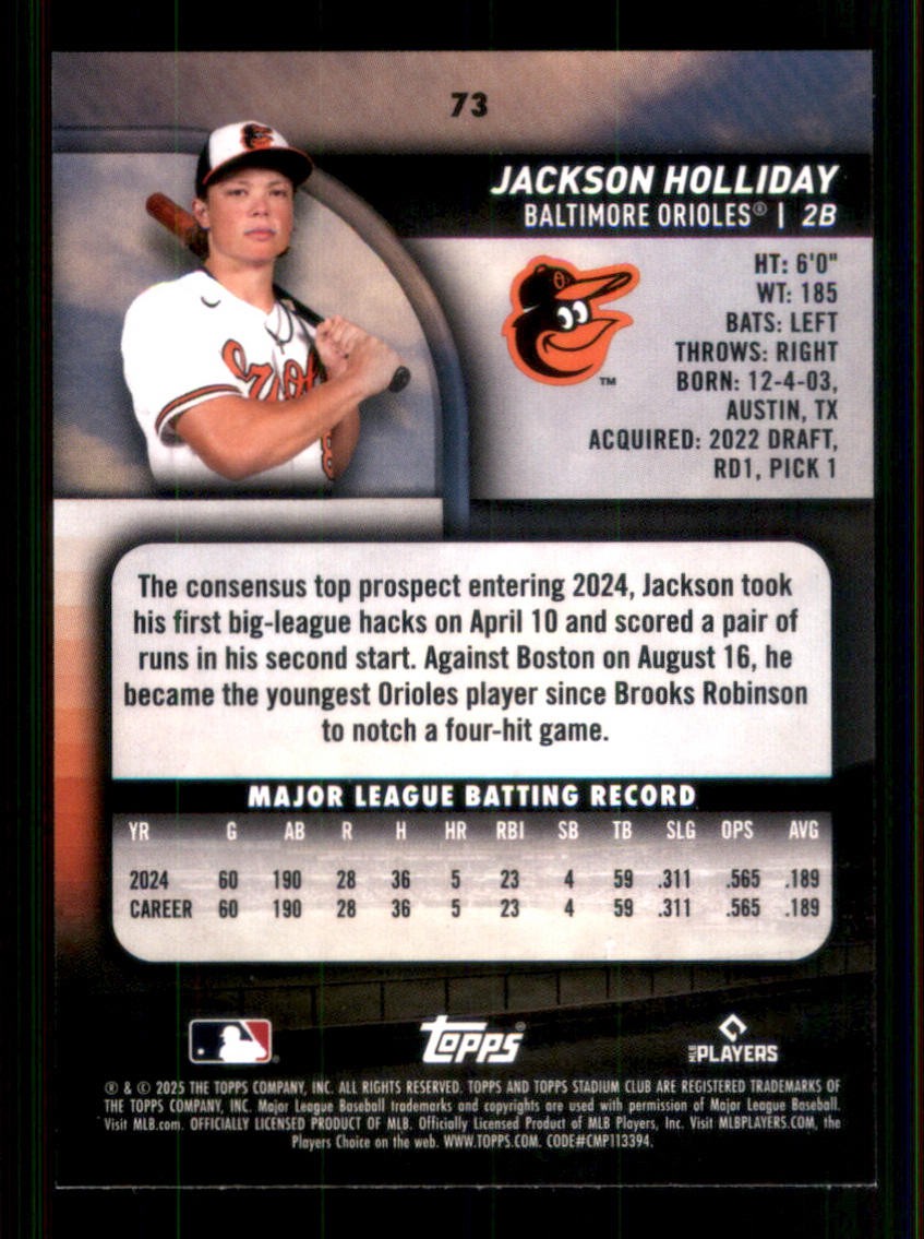 2025 Stadium Club Light Blue Foil #73 Jackson Holliday Baltimore Orioles 7005