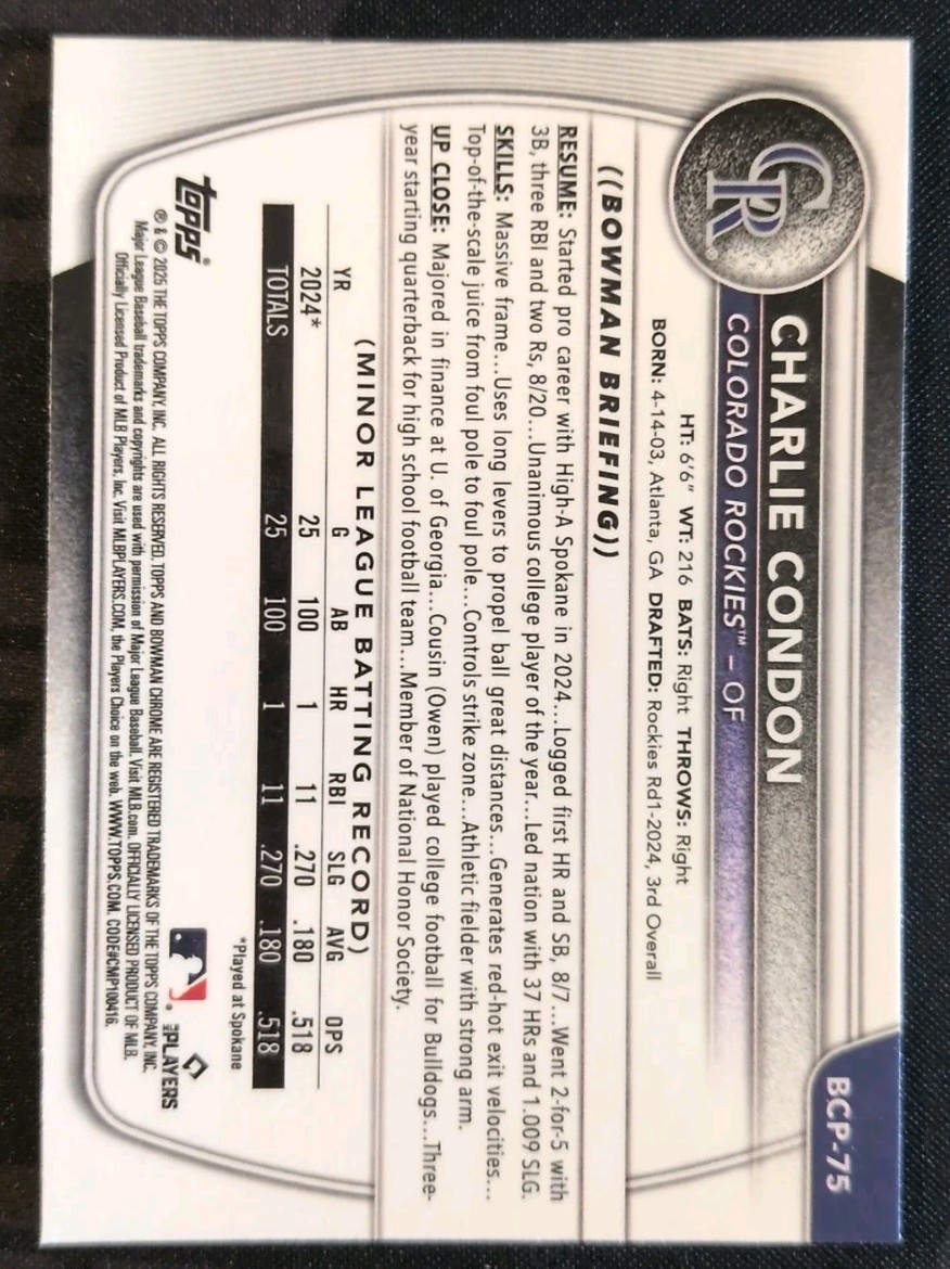 2024 Bowman Chrome Prospects Charlie Condon Colorado Rockies 1st Bowman BCP-75