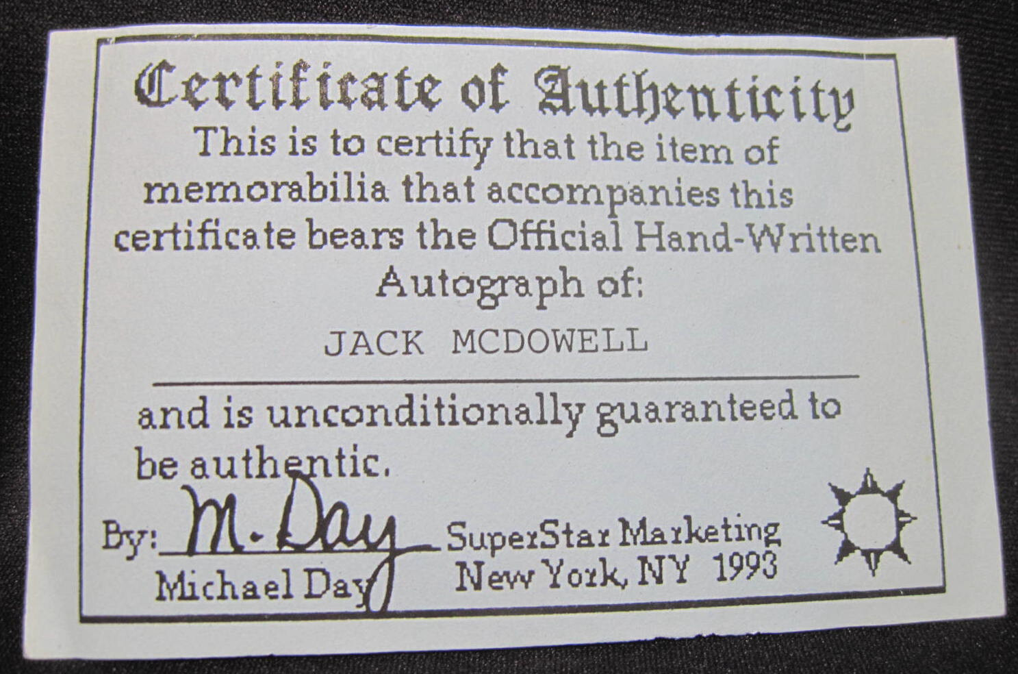 Jack McDowell Autographed Baseball Score Board Certificate of Authenticity 1980s