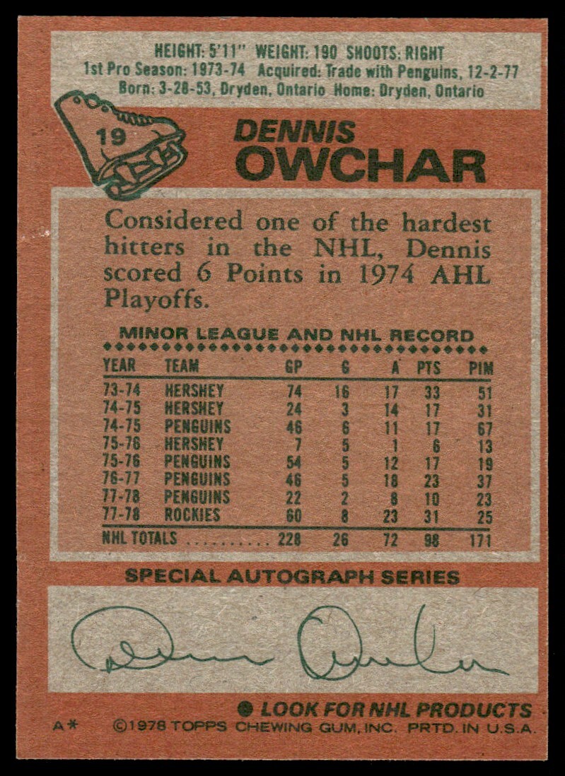 1978-79 Topps Hockey Card Dennis Owchar B Colorado Rockies #19