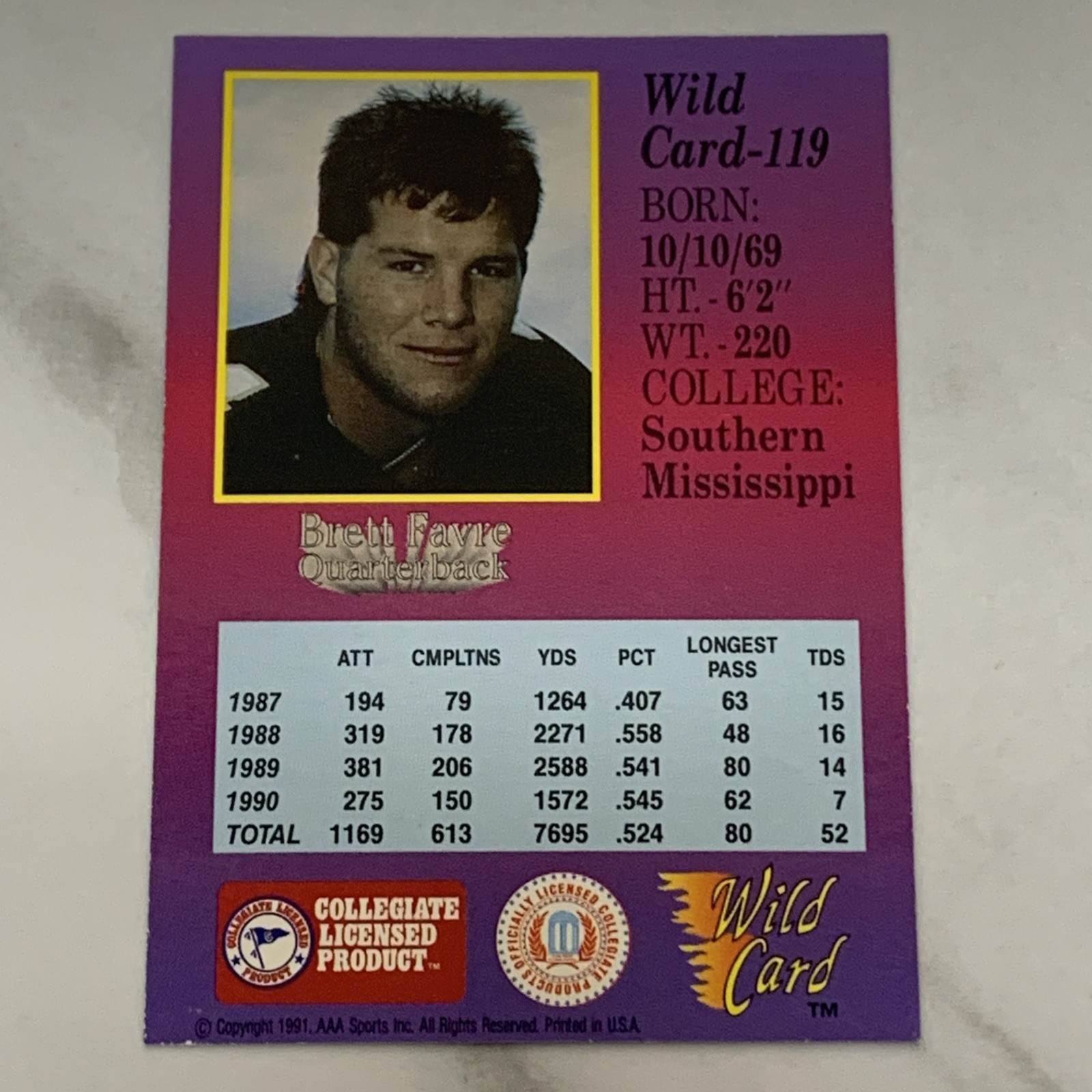 BRETT FAVRE 1991 Wild Card Collegiate Football # 119 1st Edition NOT MINT