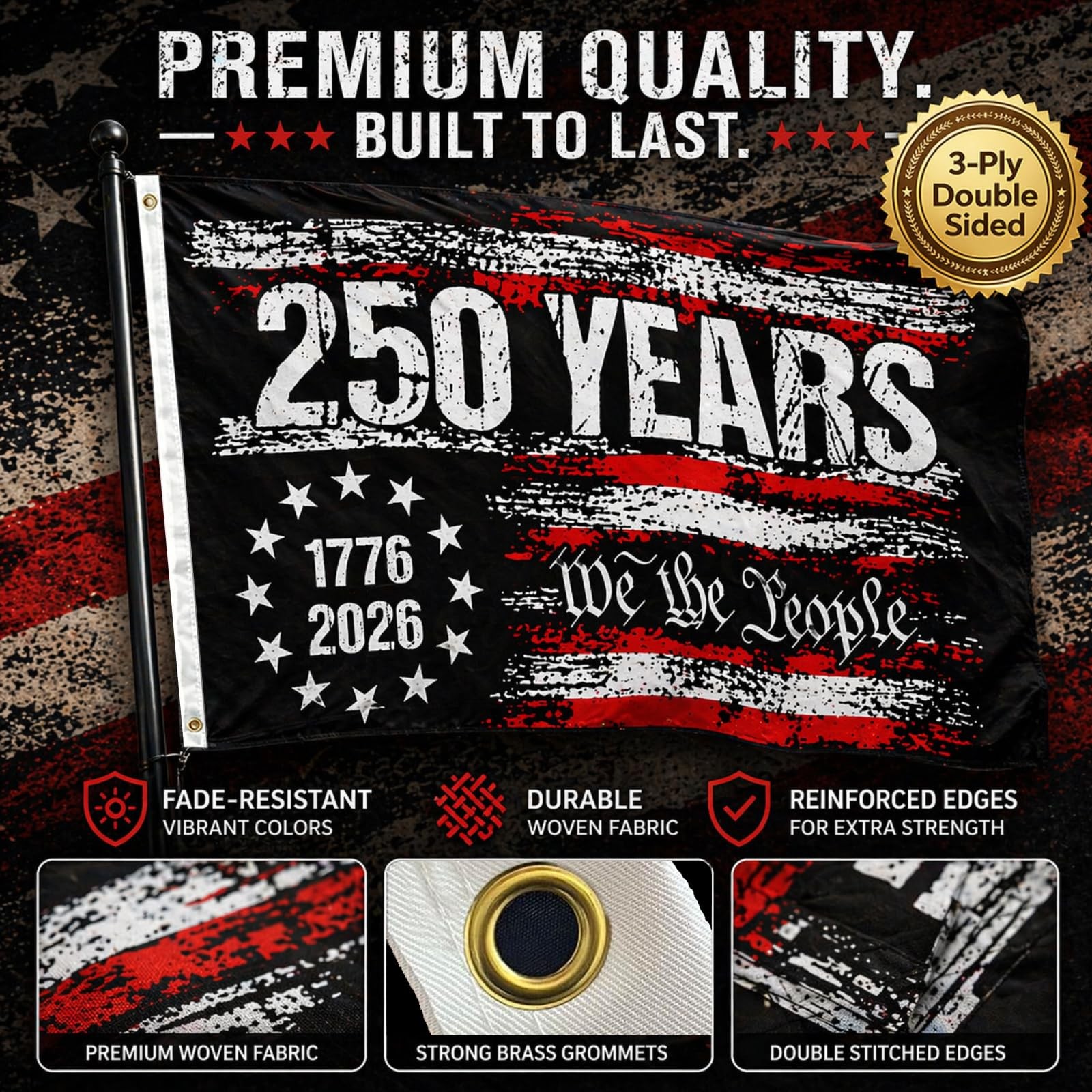 250th Anniversary USA Flag,250 Year American 3×5 Ft, Black