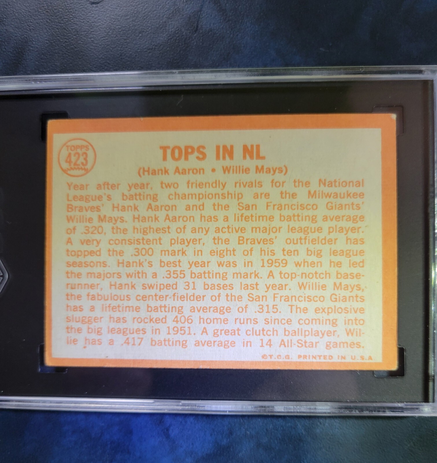 1964 TOPPS #423 HANK AARON / WILLIE MAYS TOPS IN N.L. SGC 3.5