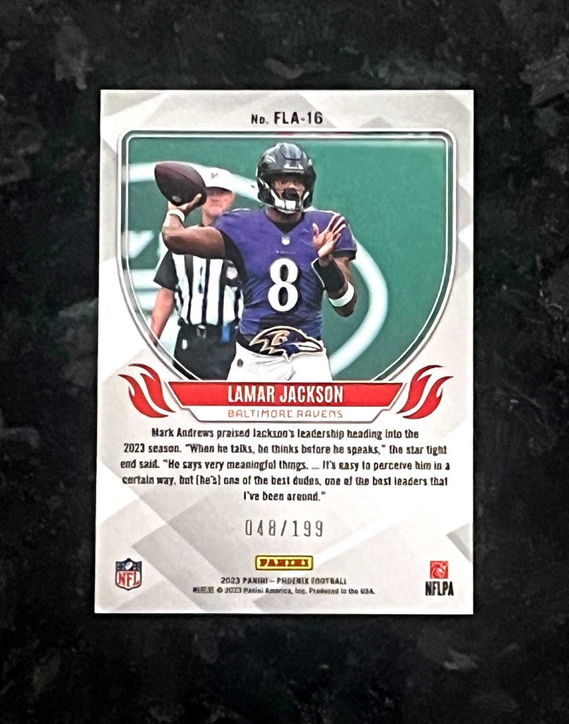 Lamar Jackson 2023 Panini Phoenix FLAME THROWERS 48/199 Holofoil Ravens FLA-16