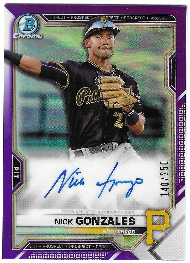 Nick Gonzales 2021 BOWMAN CHROME MLB PROSPECT AUTOGRAPH CARD Pirates AUTO SP/250