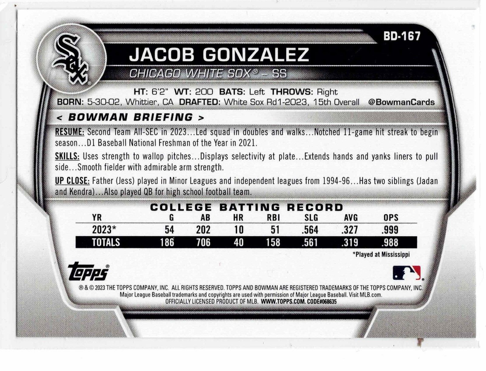 Jacob Gonzalez Chicago White Sox 2023 Bowman Draft 1st Bowman