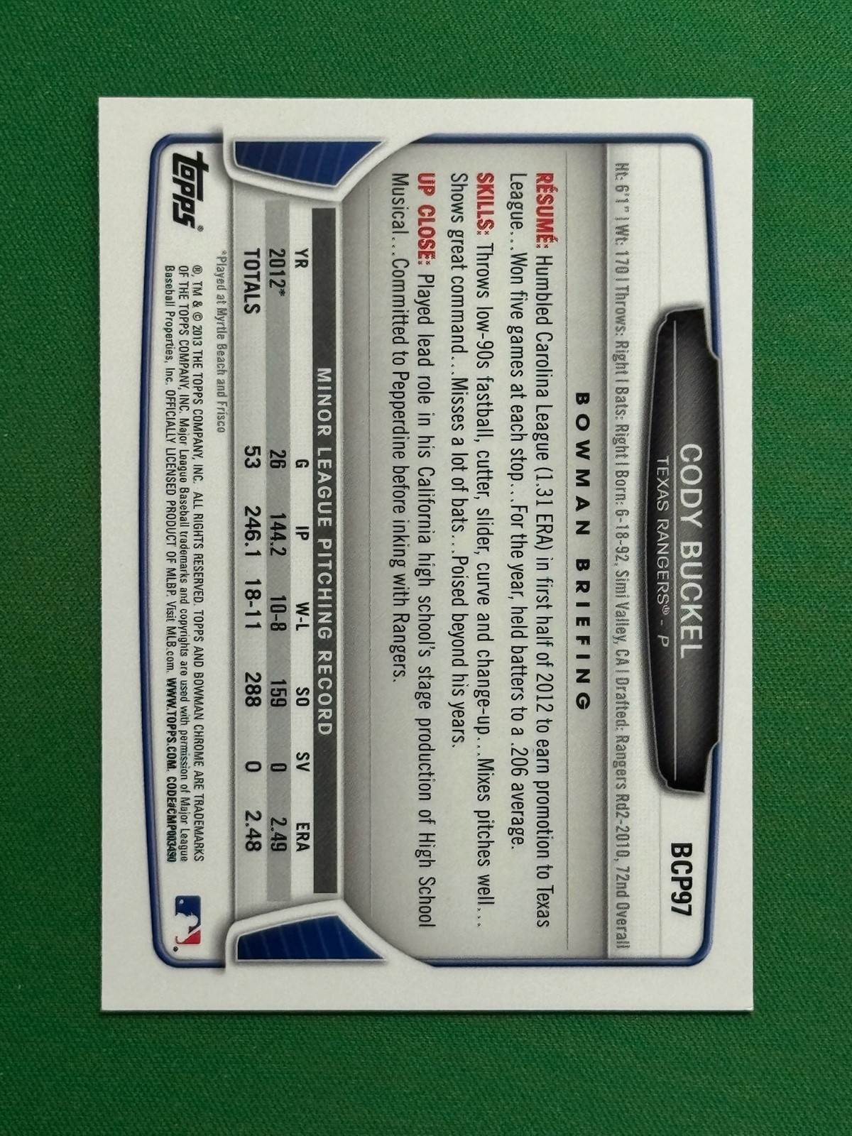 2013 Bowman Baseball Chrome Prospects #BCP97 Cody Buckel