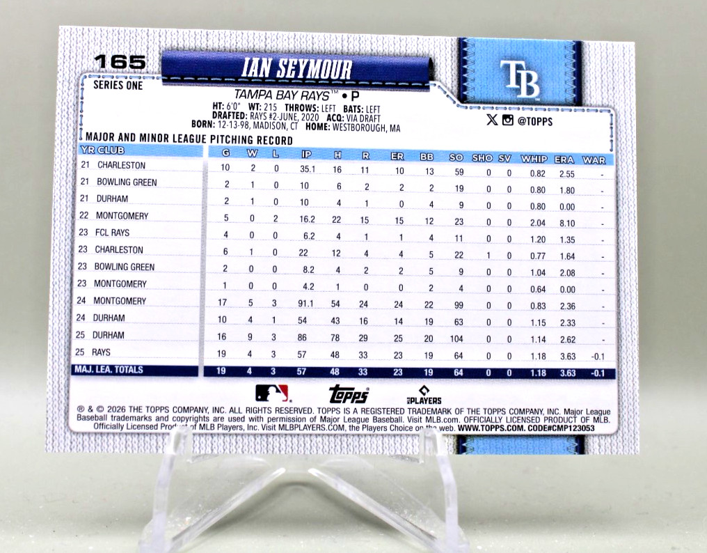 2026 Topps Series 1 – #165 Ian Seymour Rays (RC)