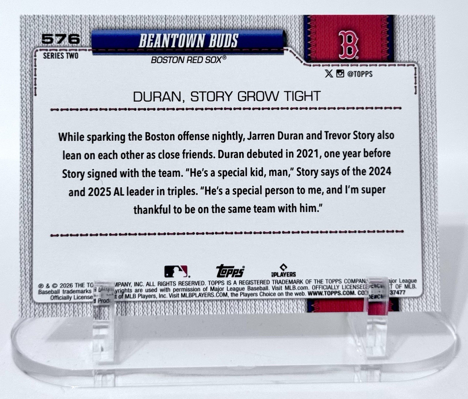 2026 Topps Series 2 Jarren Duran Story Pink Diamante Beantown Buds #576 Red Sox