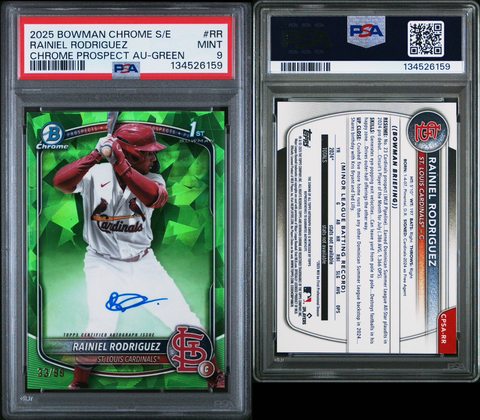 2025 Bowman Chrome Sapphire Rainiel Rodriguez #RR 1st Green Auto /99 PSA 9 MINT