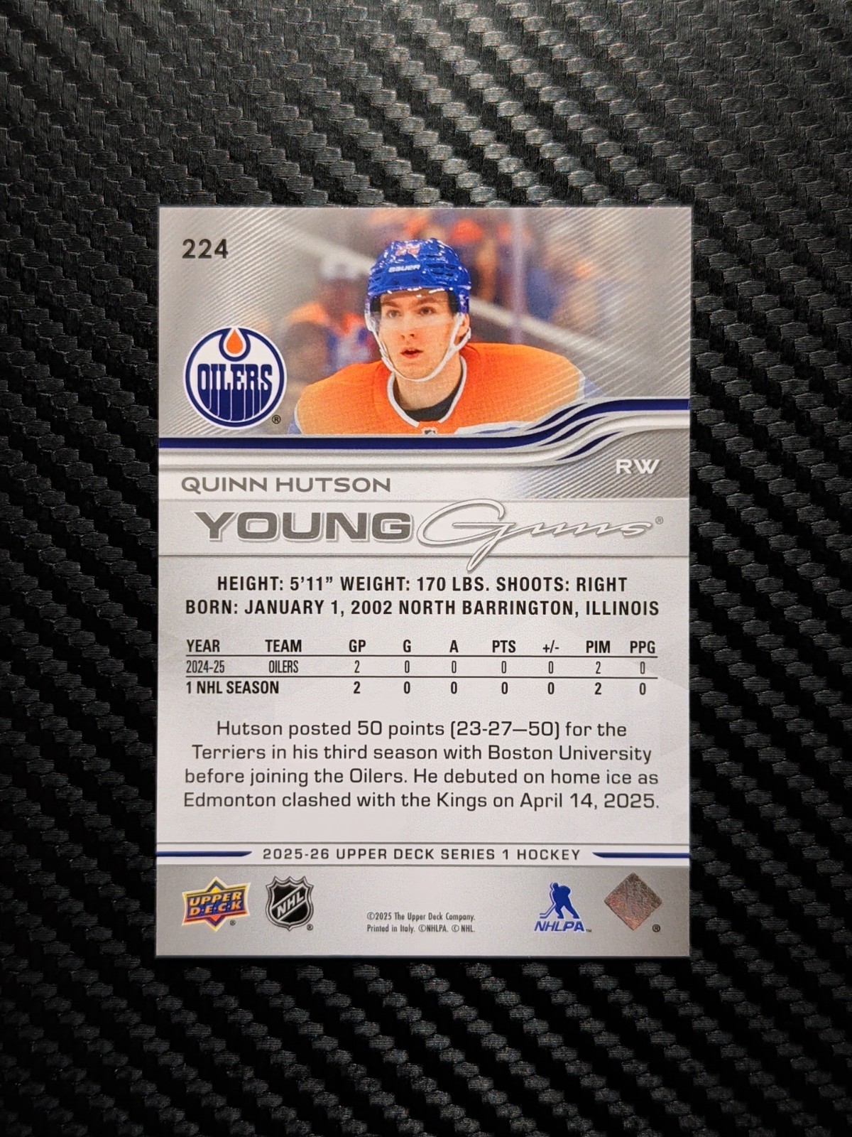 2025-26 Upper Deck Series 1 Young Guns #224 Quinn Hutson Edmonton Oilers