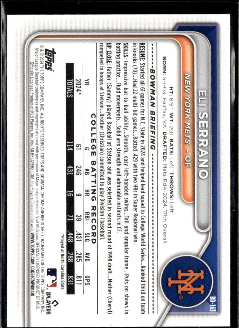 2024 Bowman Draft Paper Eli Serrano New York Mets #BD-163 5 Card Lot