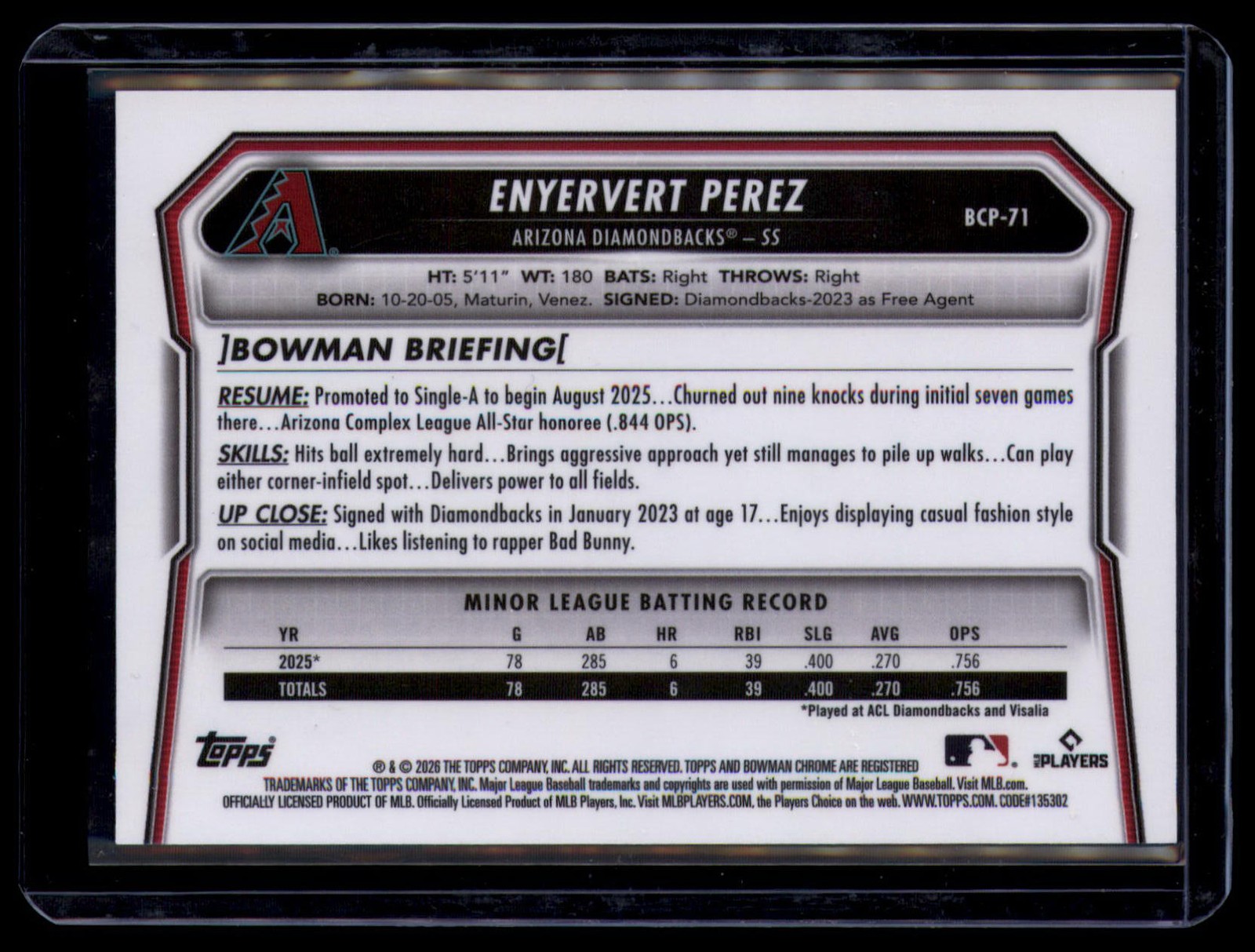 2026 Bowman #BCP-71 Enyervert Perez Chrome Prospects Reptilian Refractor