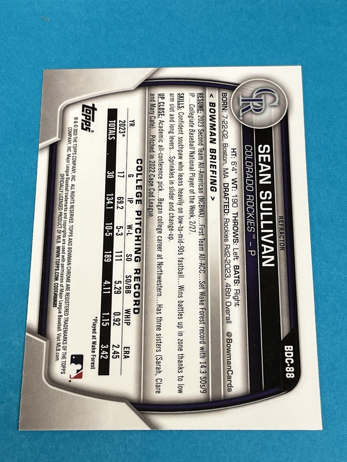 Sean Sullivan 2023 Bowman Draft 1st Chrome Refractor #BDC-88 Rockies Qty Avail