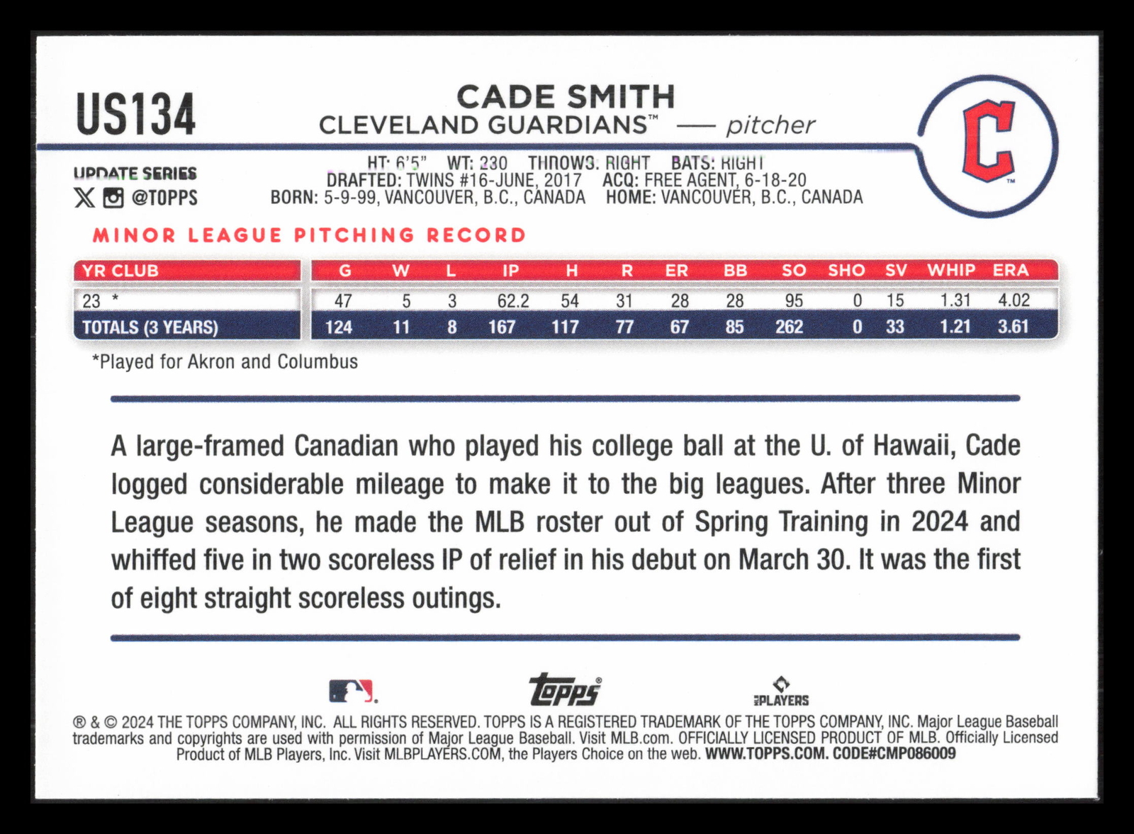 Cade Smith RC 2024 Topps Update US134 Cleveland Guardians