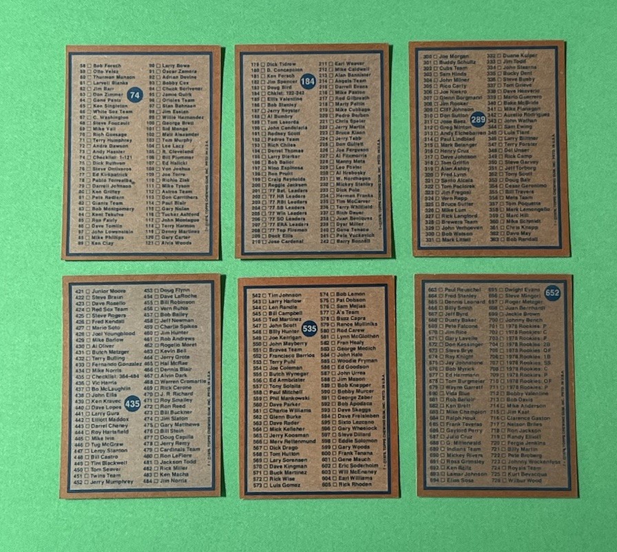 1978 Topps Baseball Checklist Lot • Complete (6) Card Subset • Unmarked • EX/NM