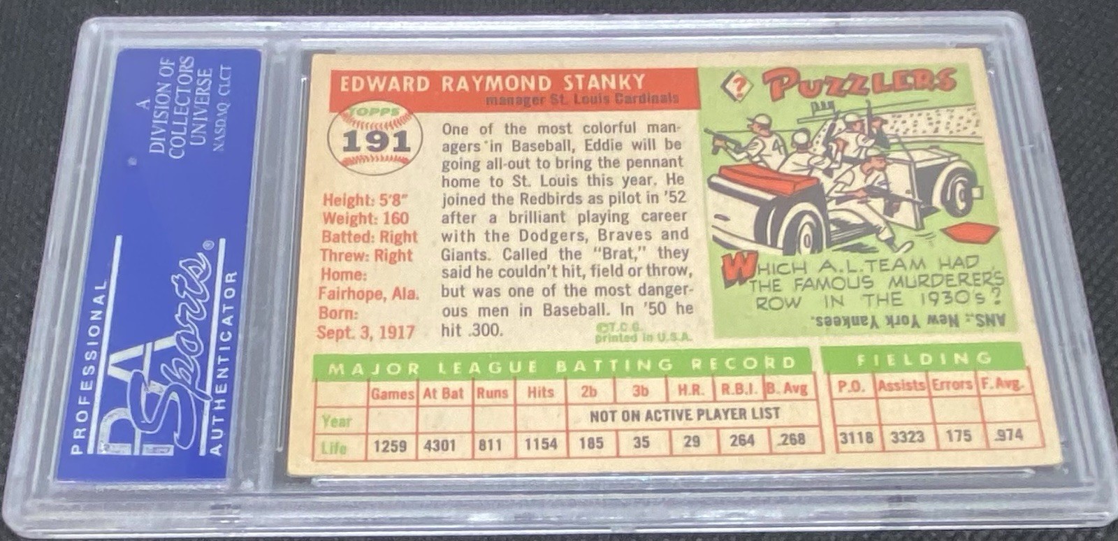 1955 Topps Baseball #191 Eddie Ed Stanky St. Louis Cardinals PSA 4 VG-EX