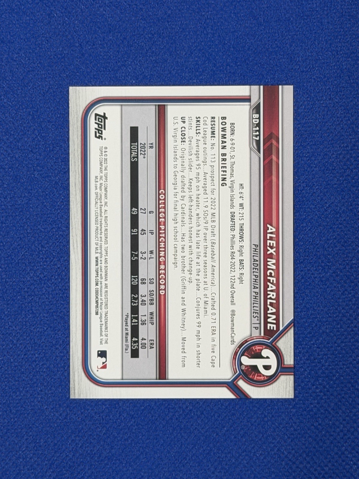 ALEX McFARLANE Signed Autograph 2022 Bowman Card #BD-117 auto Phillies H”